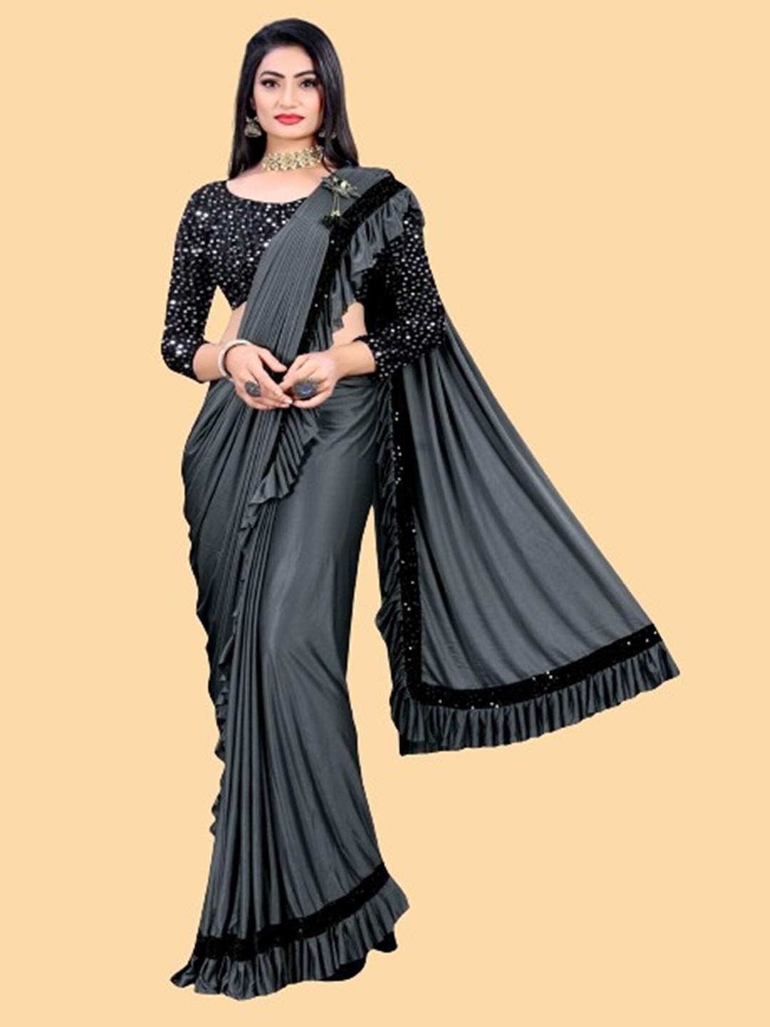 APNISHA Sequinned Ready To Wear Saree, Grey