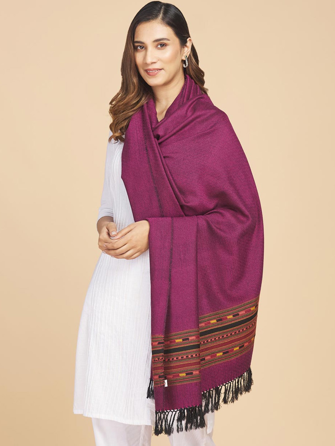 Fabindia Women Woven-Design Woolen Shawl, Purple