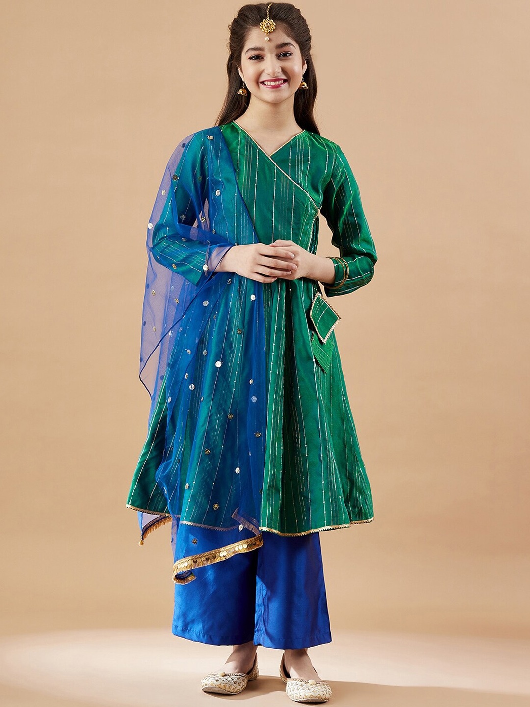 Cherry & Jerry Girls Striped Angrakha Sequinned Kurta With Palazzos & Dupatta, Green
Cherry & Jerry Girls Striped Angrakha Sequinned Kurta With Palazzos & Dupatta, Green