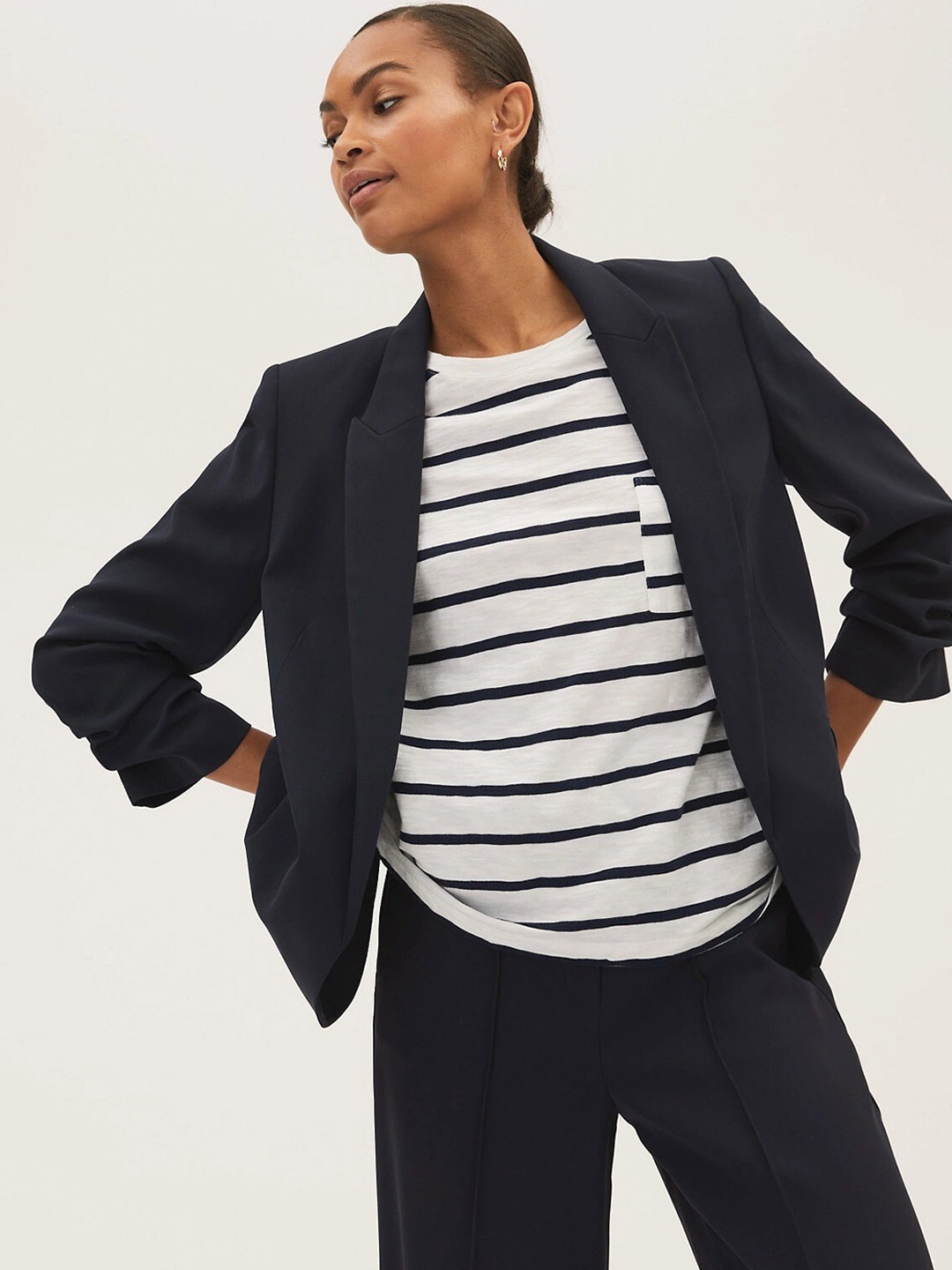 Marks & Spencer Women Single-Breasted Casual Blazer, Navy blue