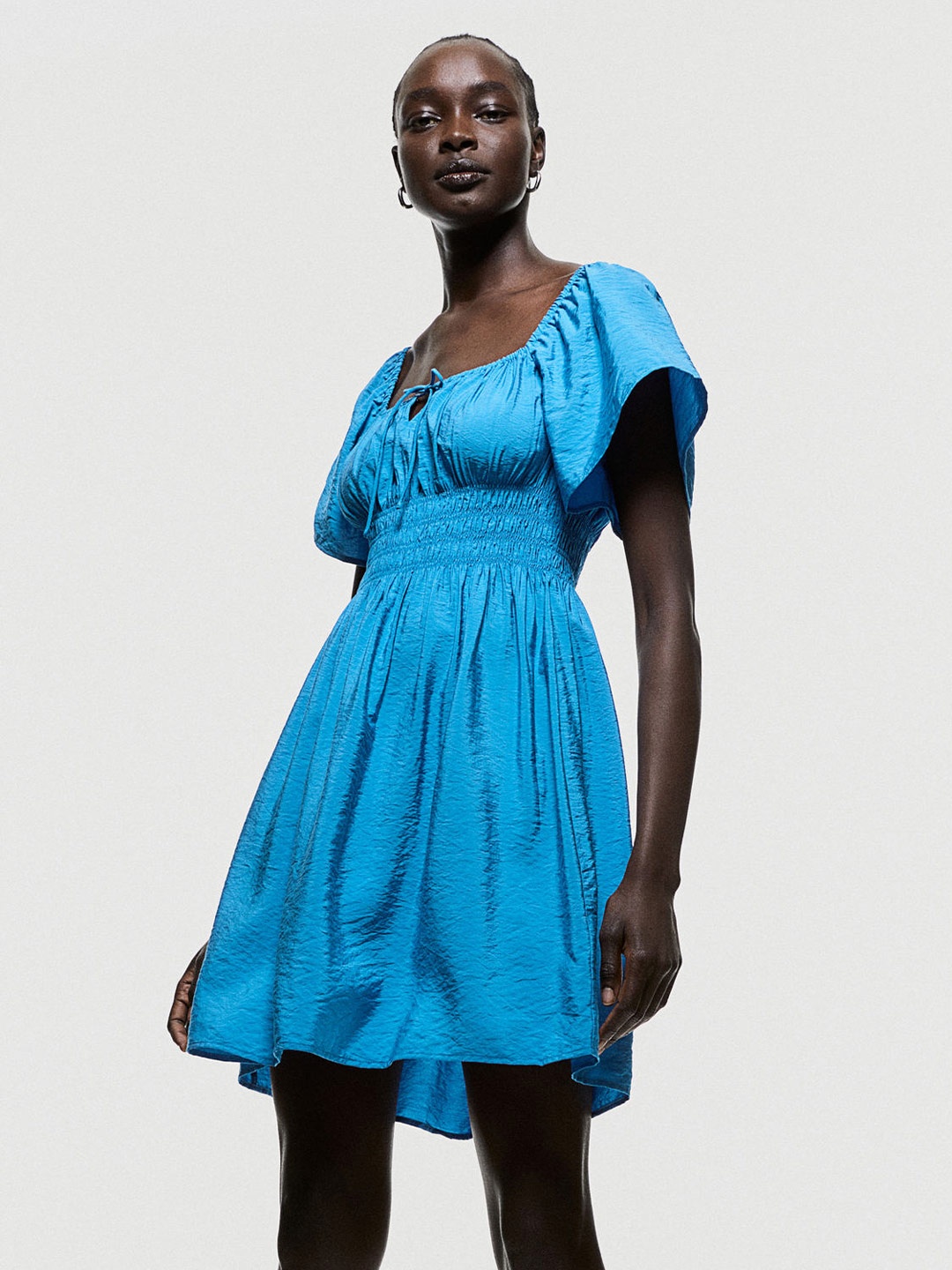 H&M Women Smocked-Waist Dress, Turquoise blue