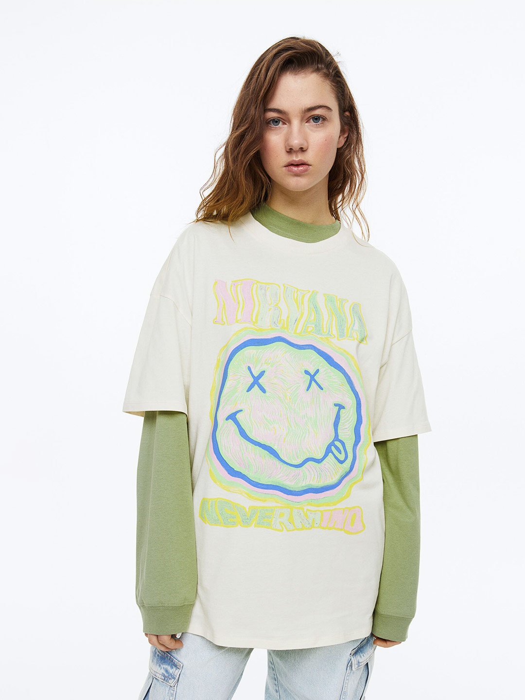 H&M Women Oversized Printed T-shirt, Off white