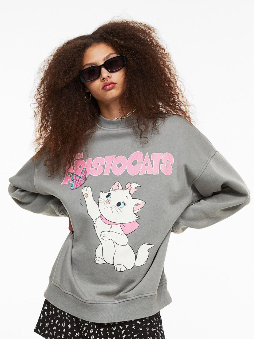 H&M Women Oversized Printed Sweatshirt, Grey