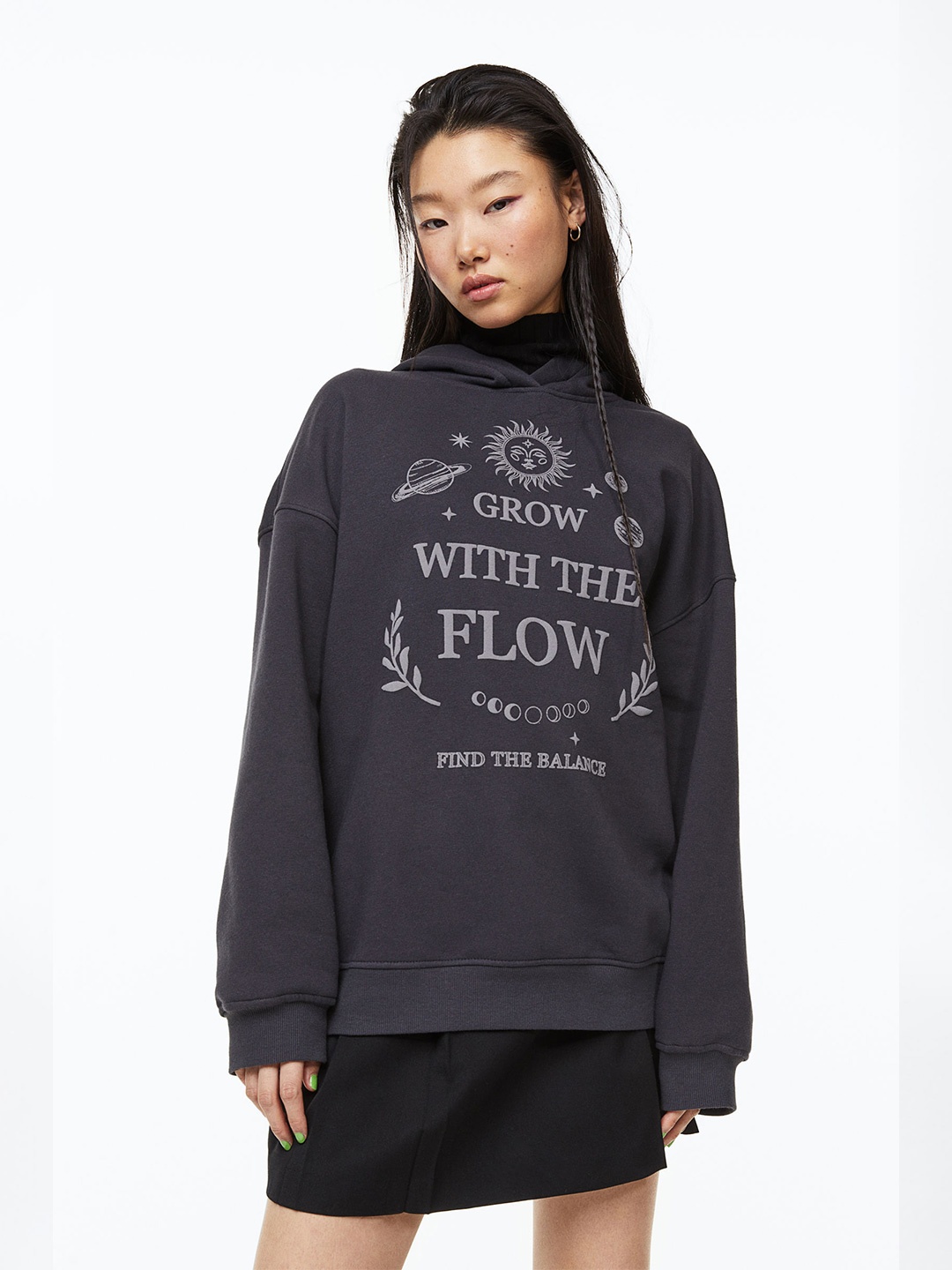 H&M Women Oversized Printed Hoodie, Charcoal
