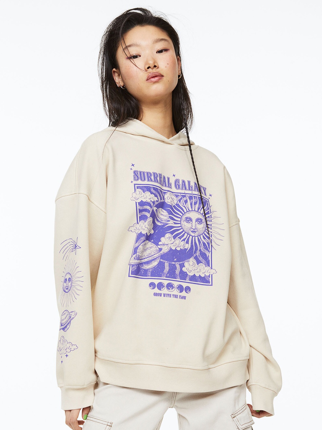 H&M Women Oversized Printed Hoodie, Beige
