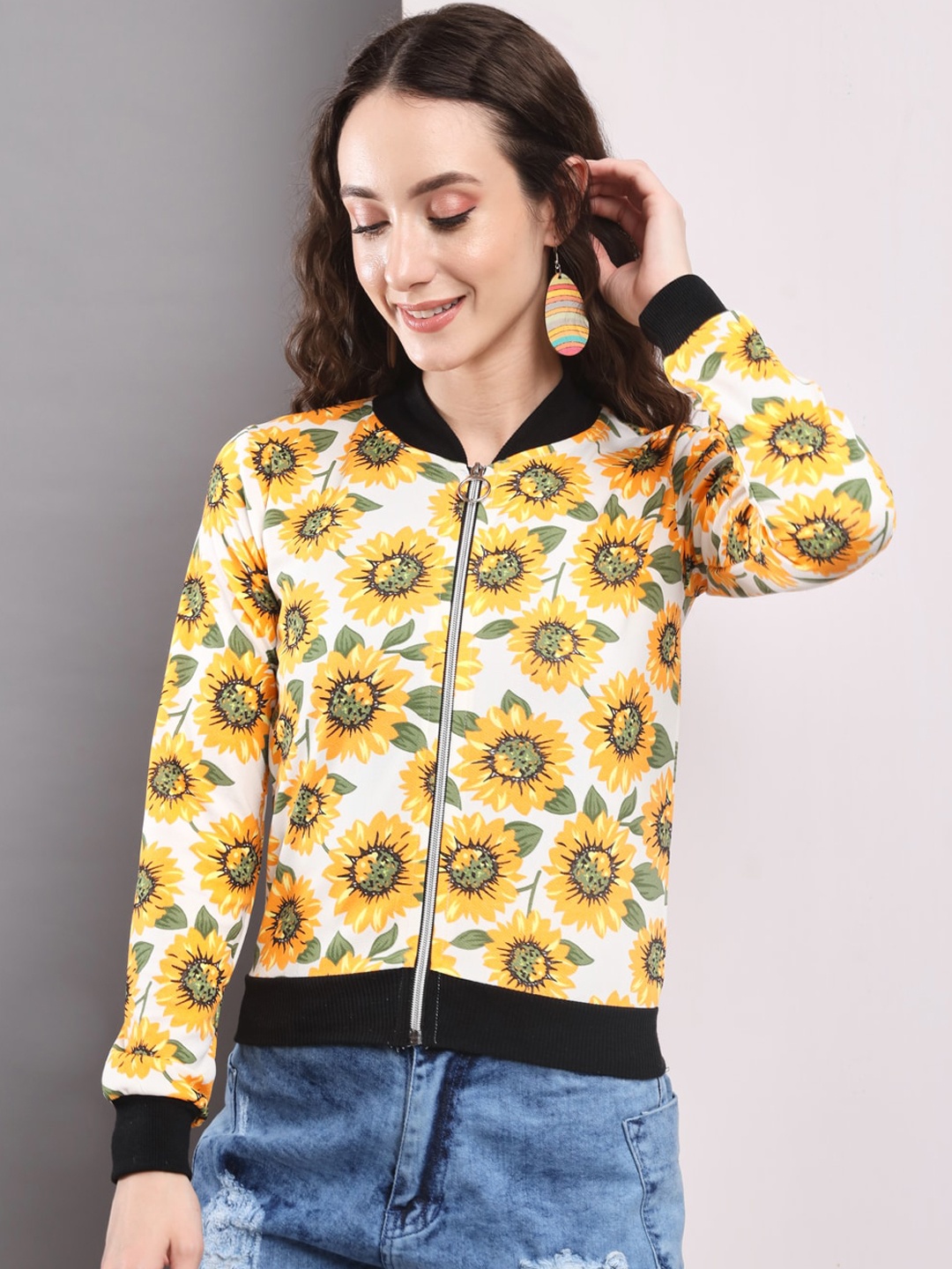 Darzi Women Floral Bomber Jacket, Yellow