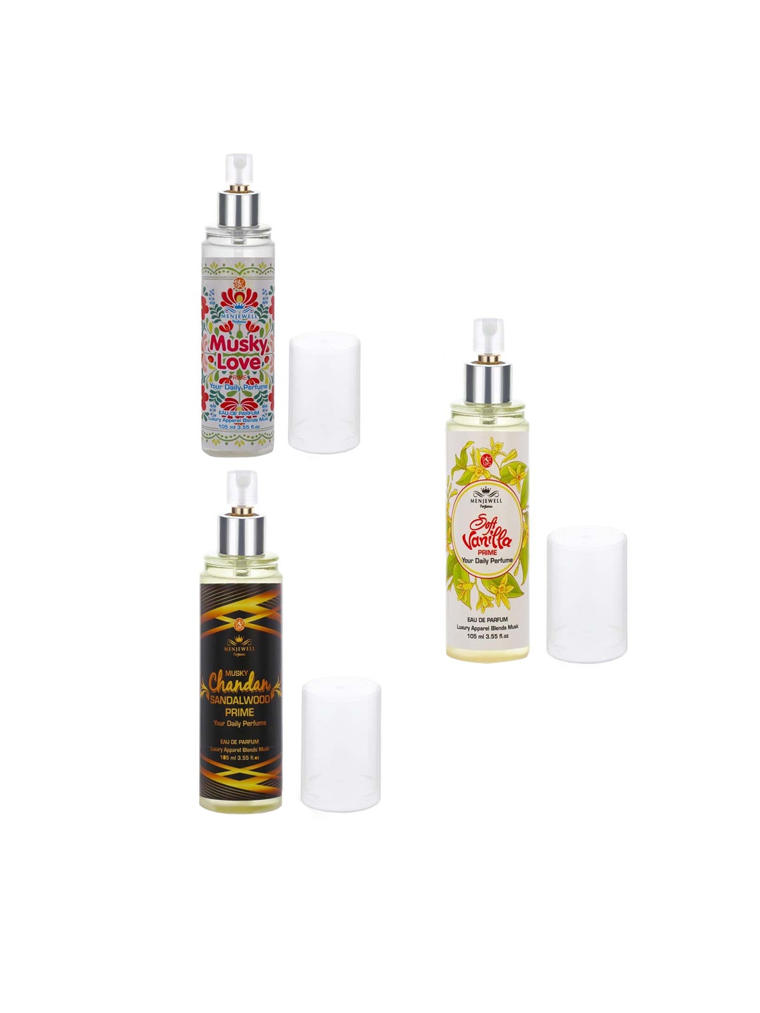 Menjewell Men Set of 3 Eau De Parfum 420ml-Chandan Sandalwood- Soft Vanilla - Musky Love, Multi
Menjewell Men Set of 3 Eau De Parfum 420ml-Chandan Sandalwood- Soft Vanilla - Musky Love, Multi