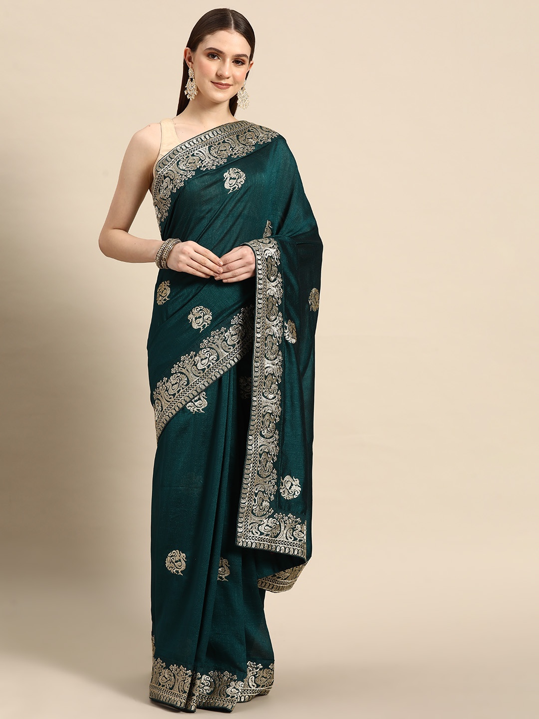 Anouk Ethnic Motifs Zari Saree, Teal
