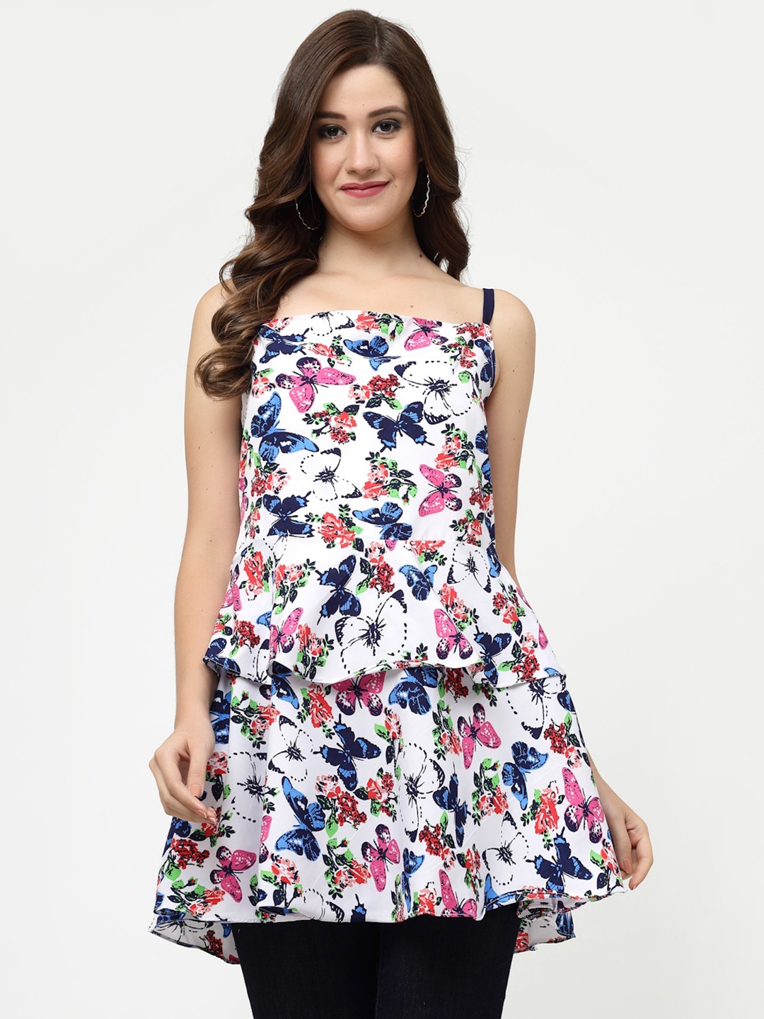 MISS AYSE Printed Crepe Tiered Top, White