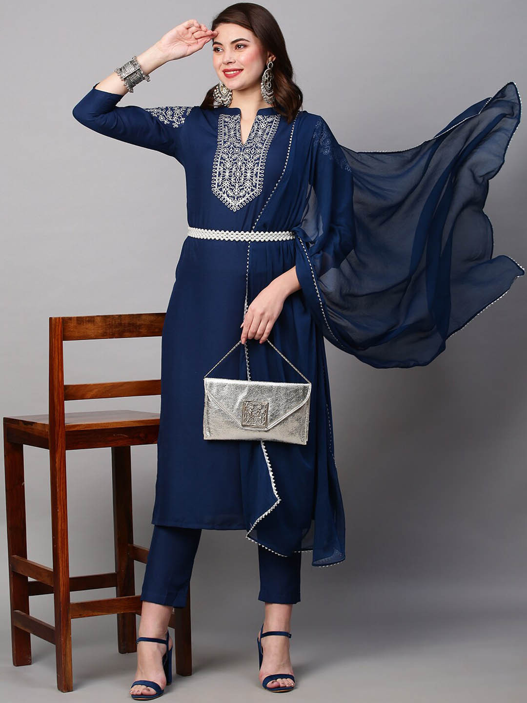 KALINI Women Floral Yoke Design Gotta Patti Kurta With Trousers & Dupatta, Navy blue 
KALINI Women Floral Yoke Design Gotta Patti Kurta With Trousers & Dupatta, Navy blue