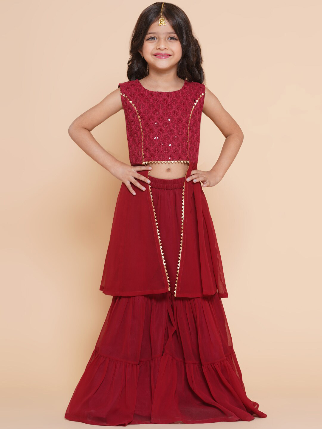 Bitiya by Bhama Girls Floral Embroidered Sleeveless Thread Work Kurta with Sharara, Maroon
Bitiya by Bhama Girls Floral Embroidered Sleeveless Thread Work Kurta with Sharara, Maroon