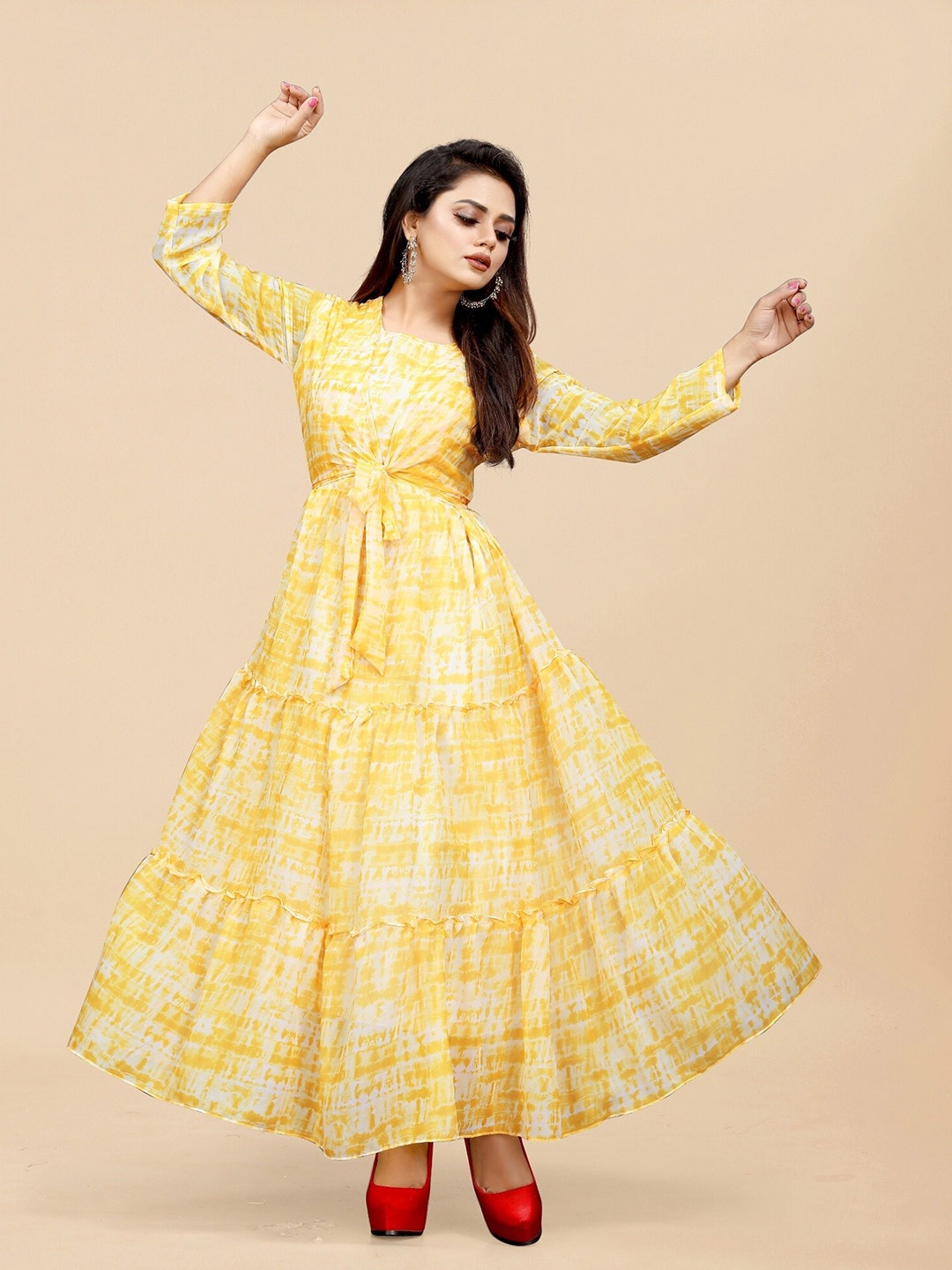 APNISHA Georgette Printed Maxi Ethnic Dress, Yellow