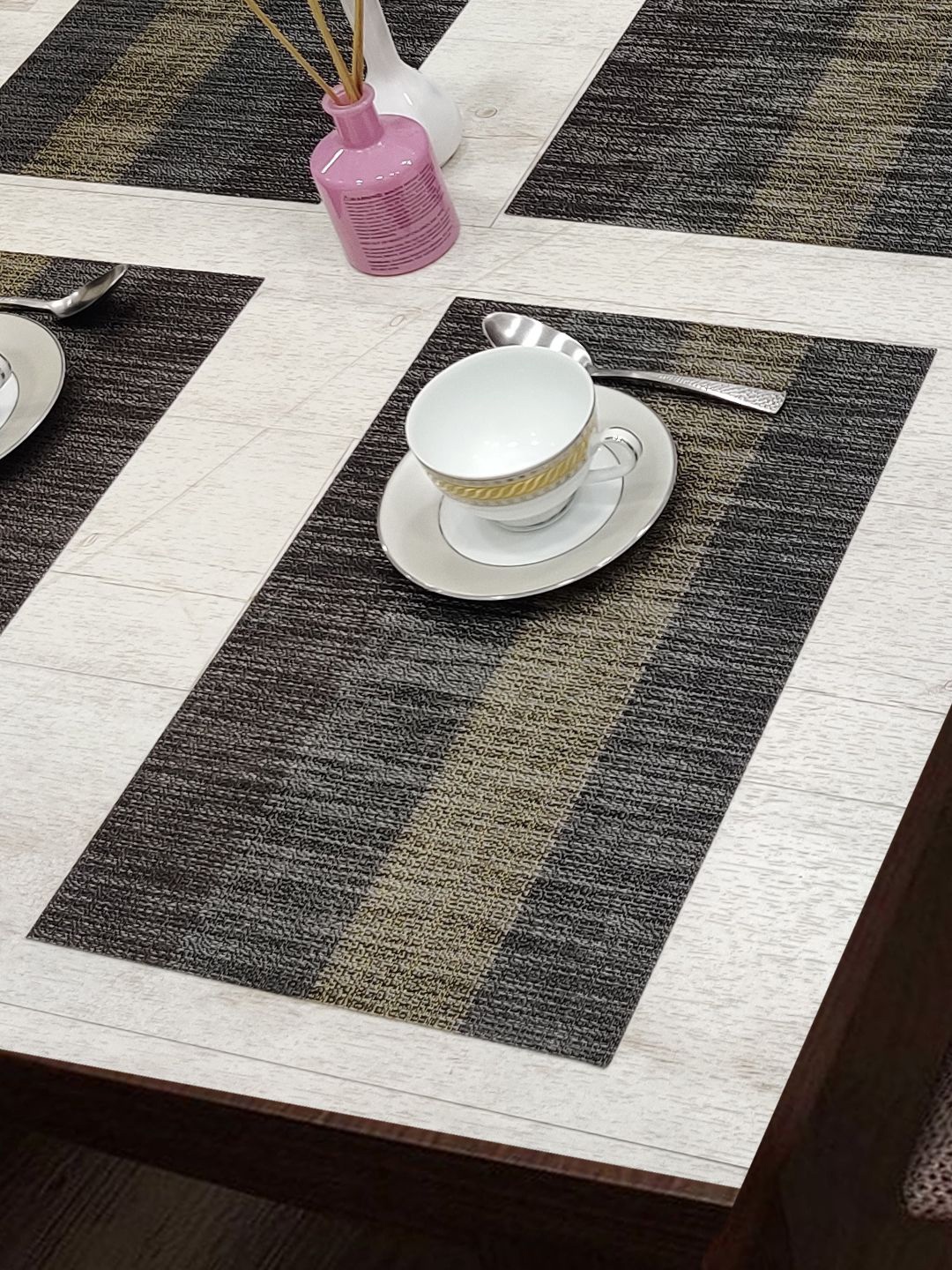 BIANCA Alpine Grey and Beige Set of 6 Striped Woven Pattern Table Placemats