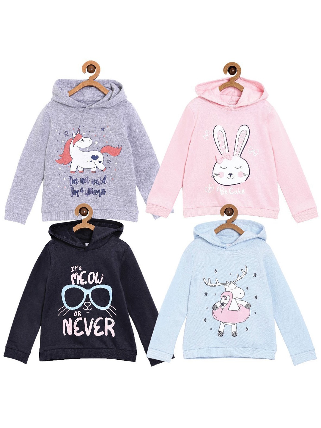 The Mom Store Pack Of 4 Kids Violet Printed Hooded Cotton Sweatshirts