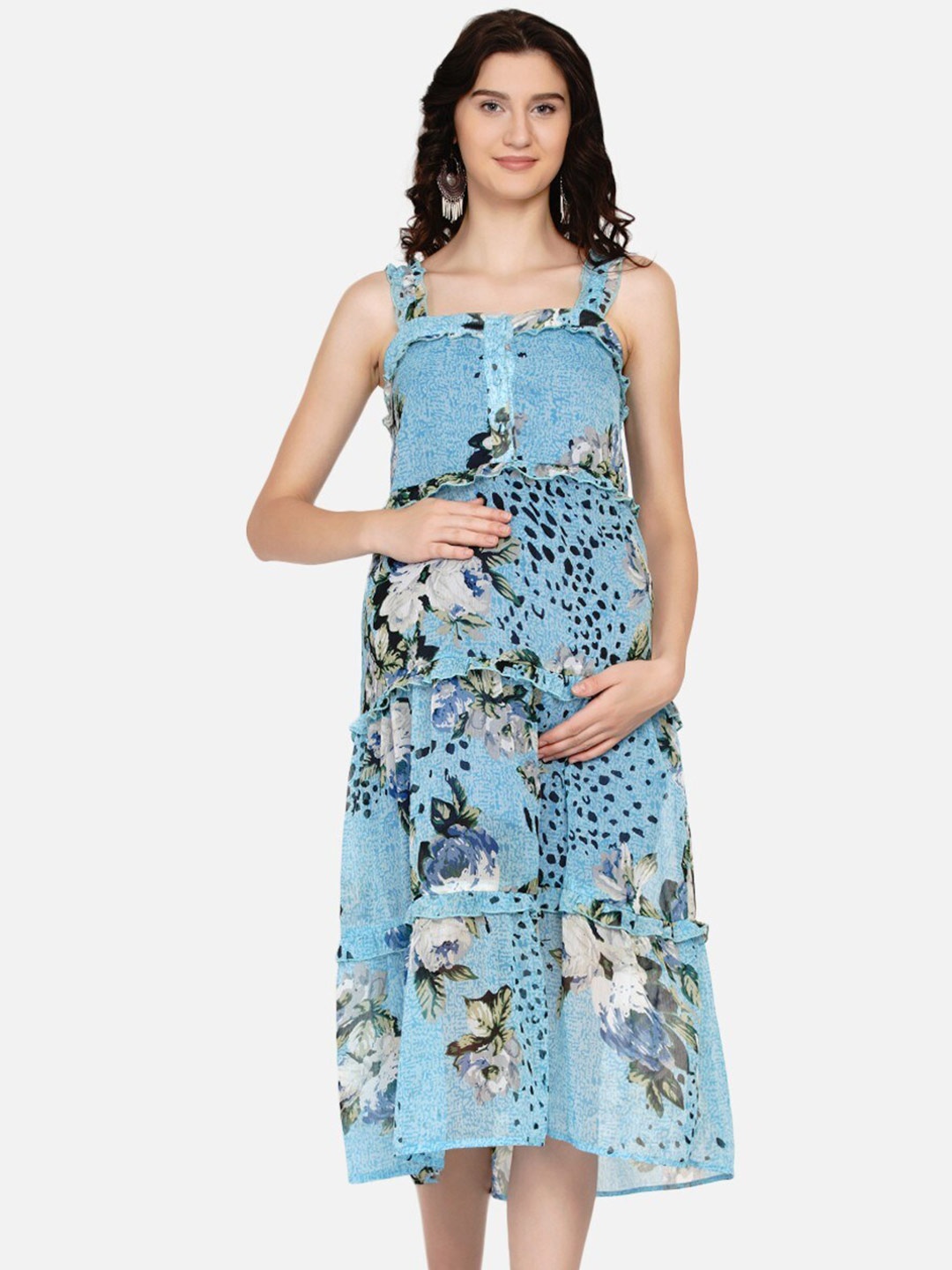 Mine4Nine Floral Printed Maternity Dress, Blue