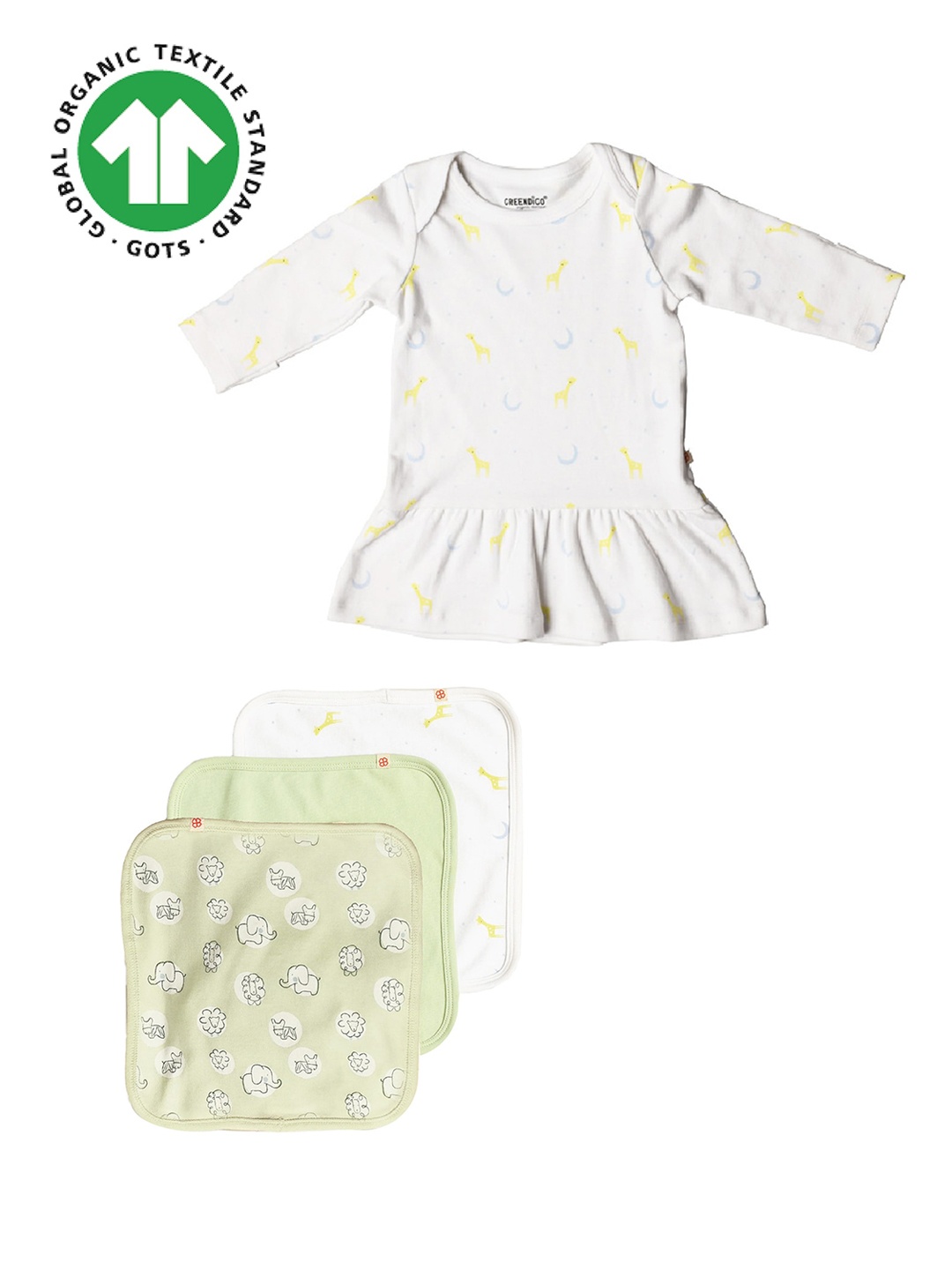 GREENDIGO Infant Girls Set of 4 Organic Cotton Dress And Burp Napkins Apparel Gift Set, White
GREENDIGO Infant Girls Set of 4 Organic Cotton Dress And Burp Napkins Apparel Gift Set, White