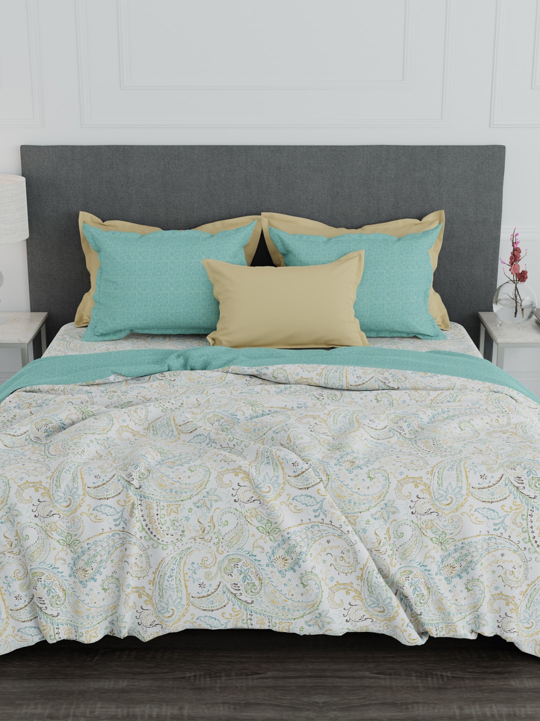 MYTRIDENT Everyday 4 Pcs White Green Printed 150 GSM Pure Cotton Double King Bedding Set
MYTRIDENT Everyday 4 Pcs White Green Printed 150 GSM Pure Cotton Double King Bedding Set