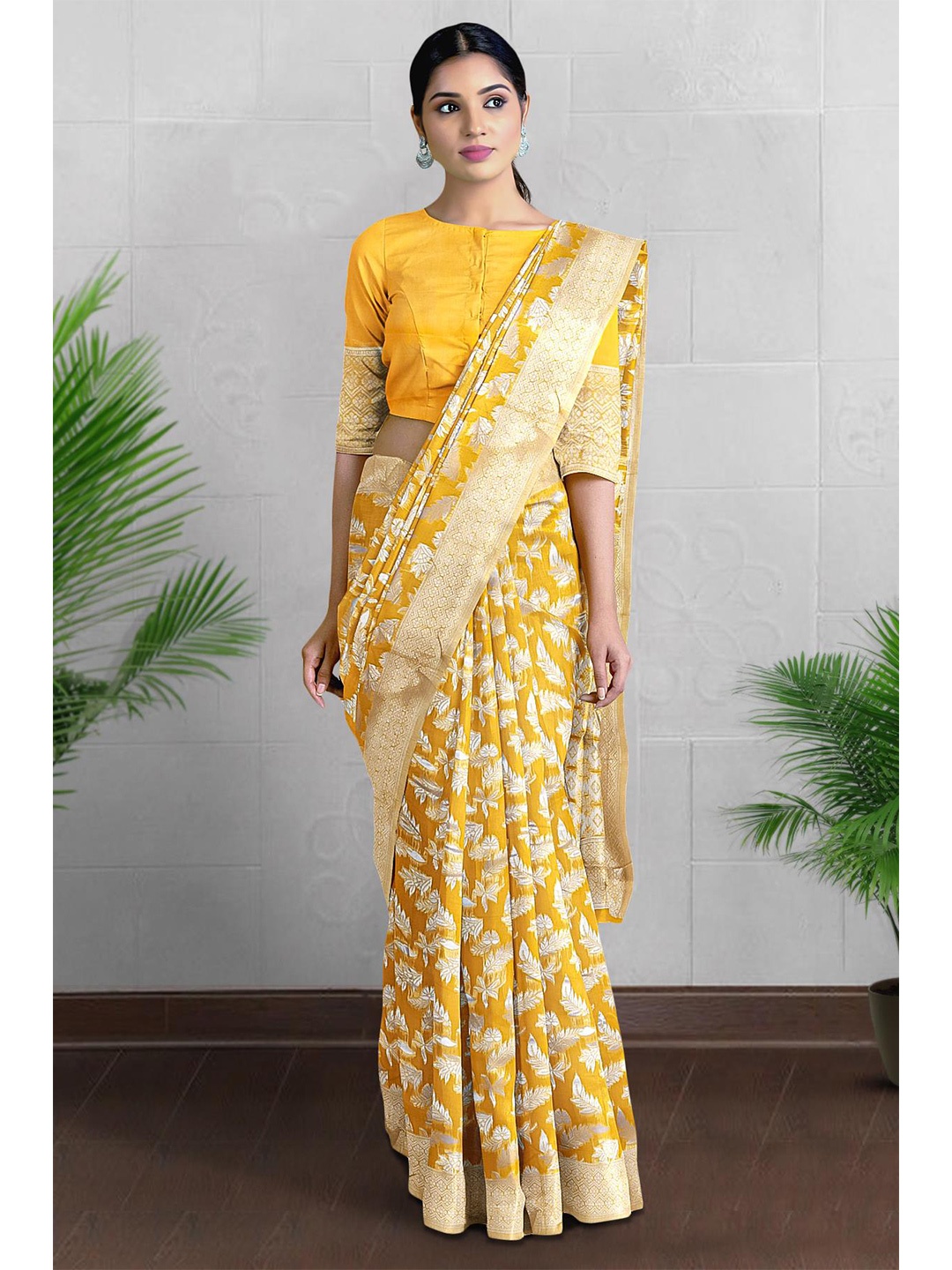 Kalamandir Floral Zari Saree, Mustard