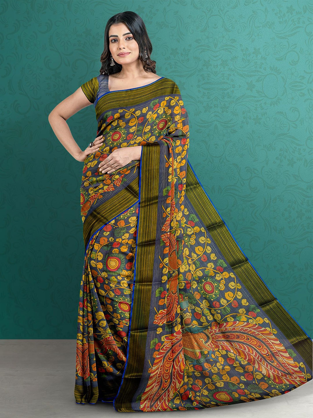 Kalamandir Kalamkari Printed Saree, Blue