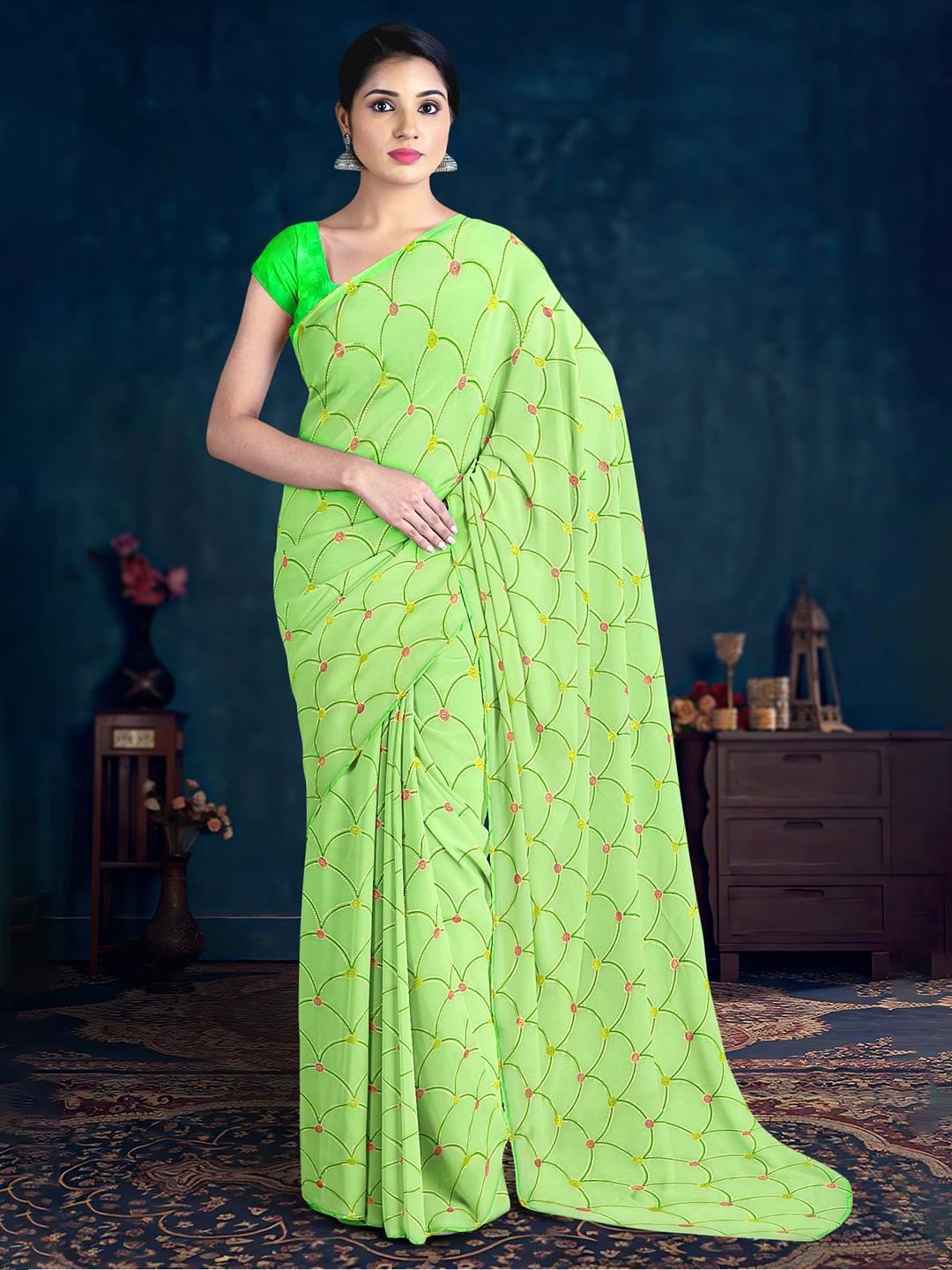 Kalamandir Geometric Printed Saree, Green