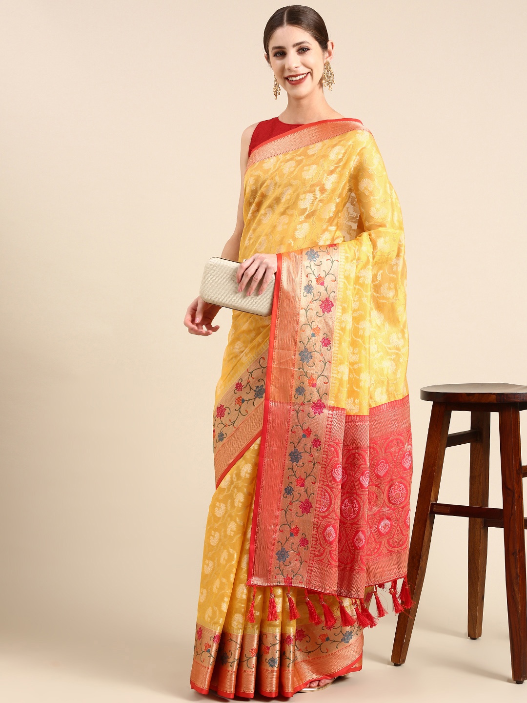 Anouk Woven Design Ethnic Motifs Zari Silk Blend Saree, Yellow