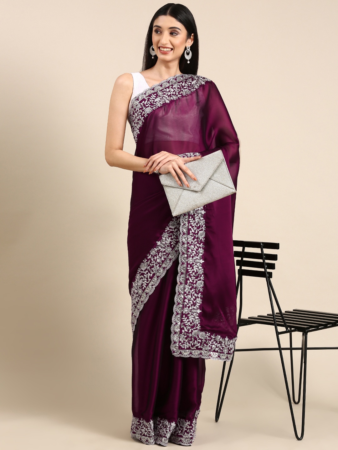 Anouk Embroidered Sequinned Silk Blend Saree, Burgundy
