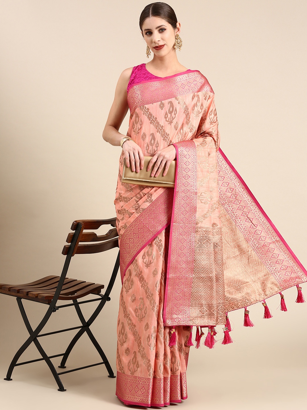 Anouk Woven Design Ethnic Motifs Silk Blend Saree, Coral