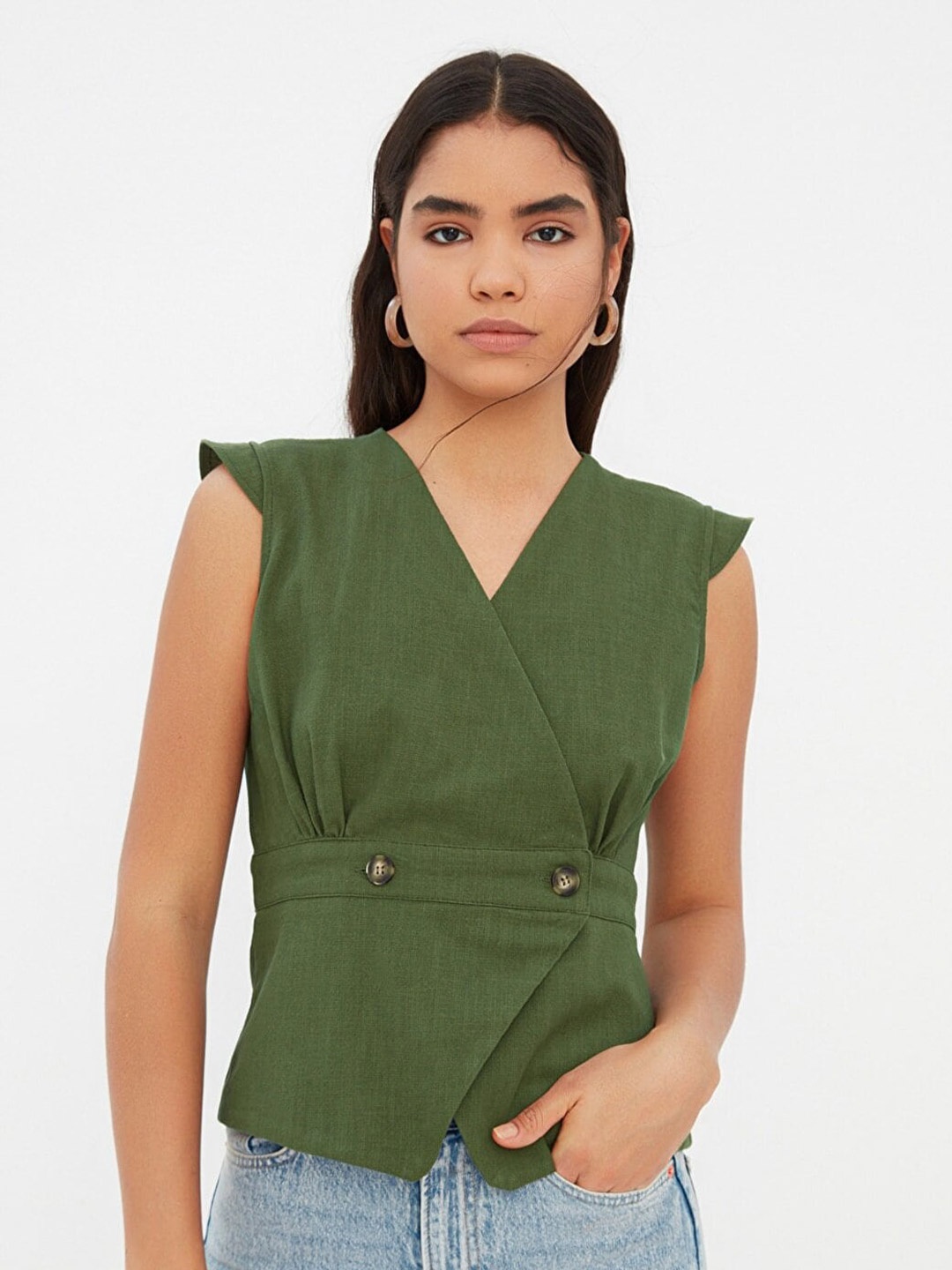 Trendyol V-Neck Pure Cotton Wrap Top, Olive