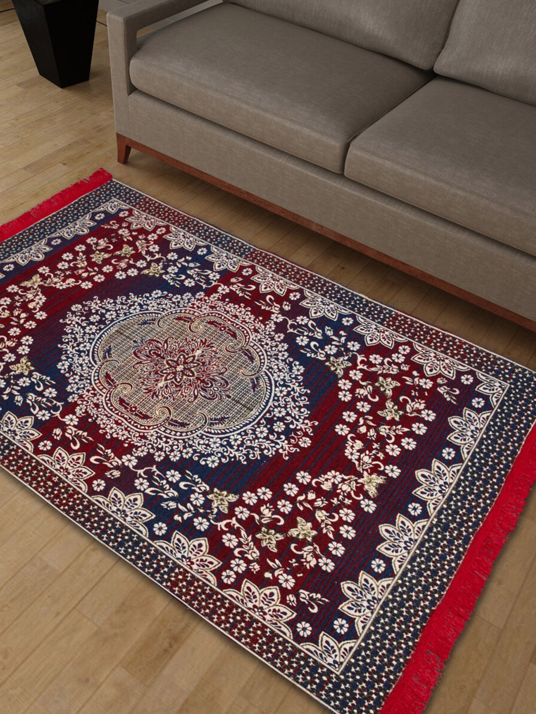 Home Centre Corsica Classic Maroon & Navy Blue Ethnic Motifs Woven Carpet