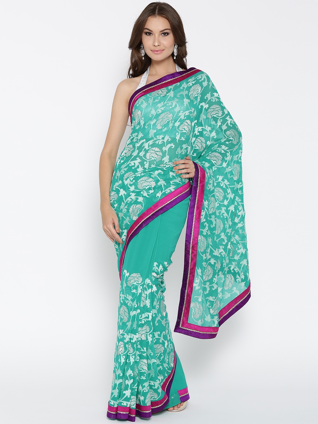 Chhabra 555 Sea Green Pure Chiffon Embroidered Saree