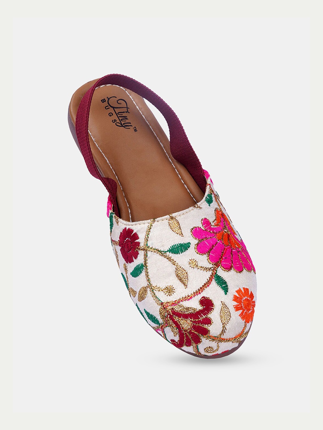 Hopscotch Girls Floral Embroidered Ethnic Mules, Beige