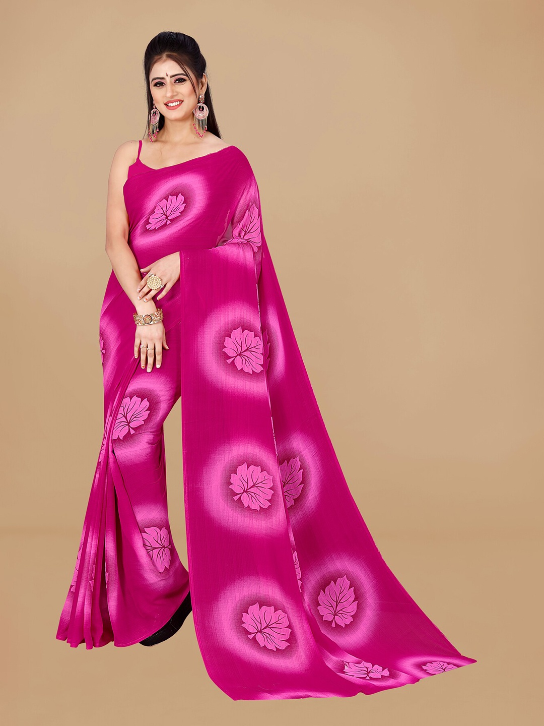 KALINI Floral Printed Pure Georgette Saree, Pink