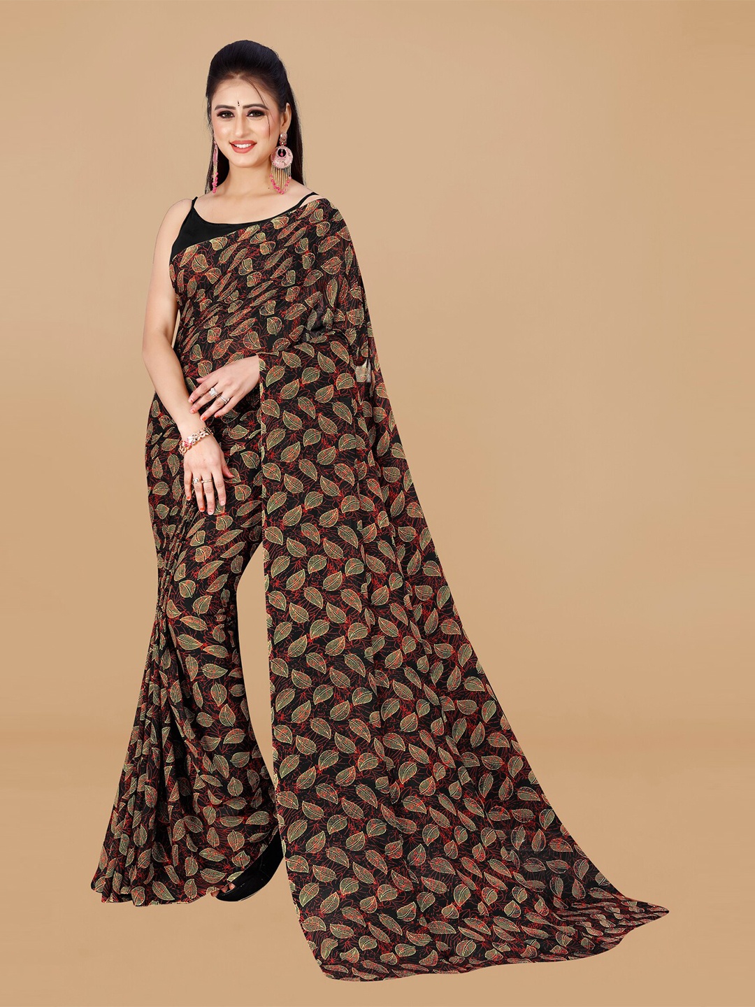 KALINI Floral Printed Pure Georgette Saree, Black