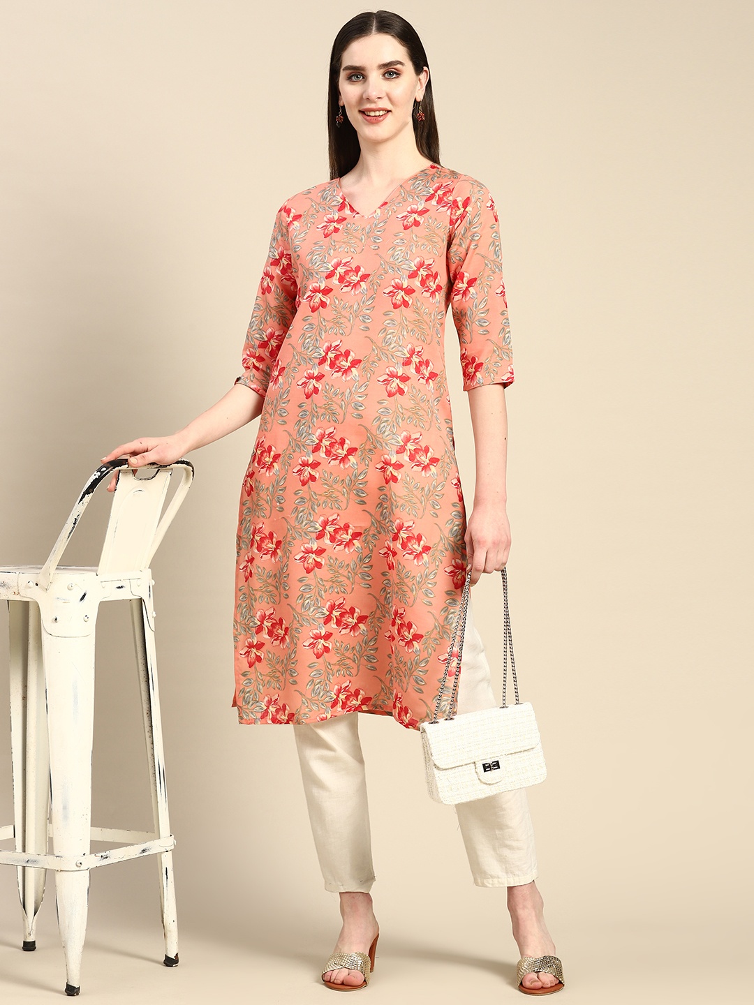 Anouk Floral Print V-Neck Straight Kurta, Peach