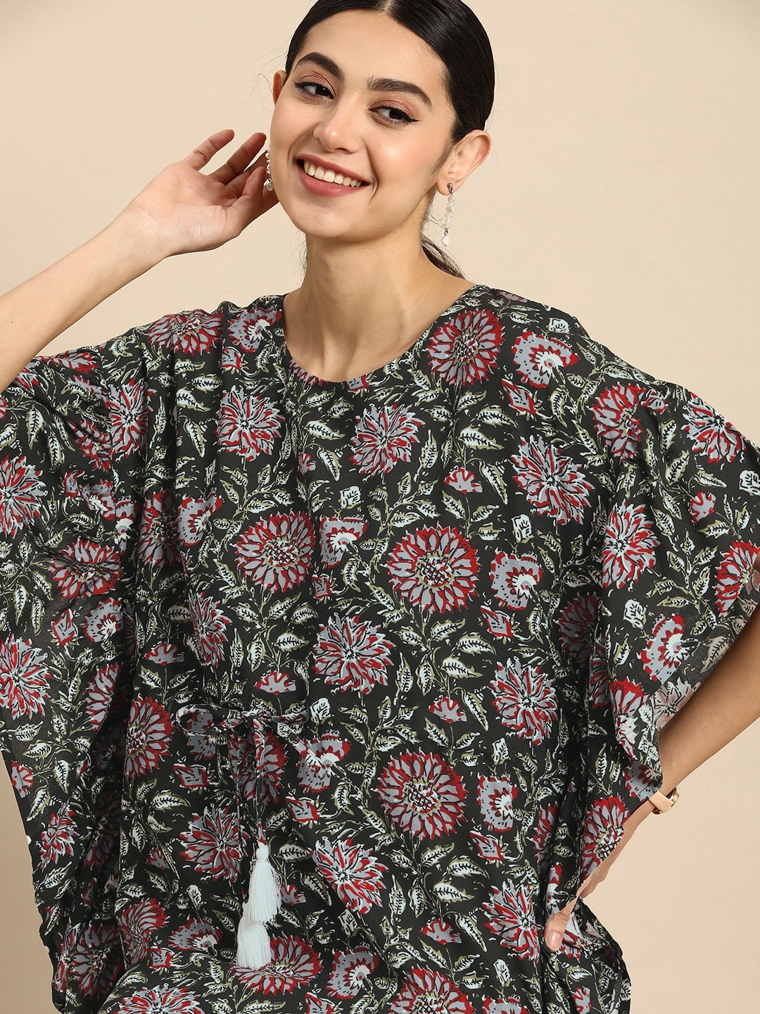 Anouk Women Floral Printed Extended Sleeves Floral Kaftan Kurta, Black