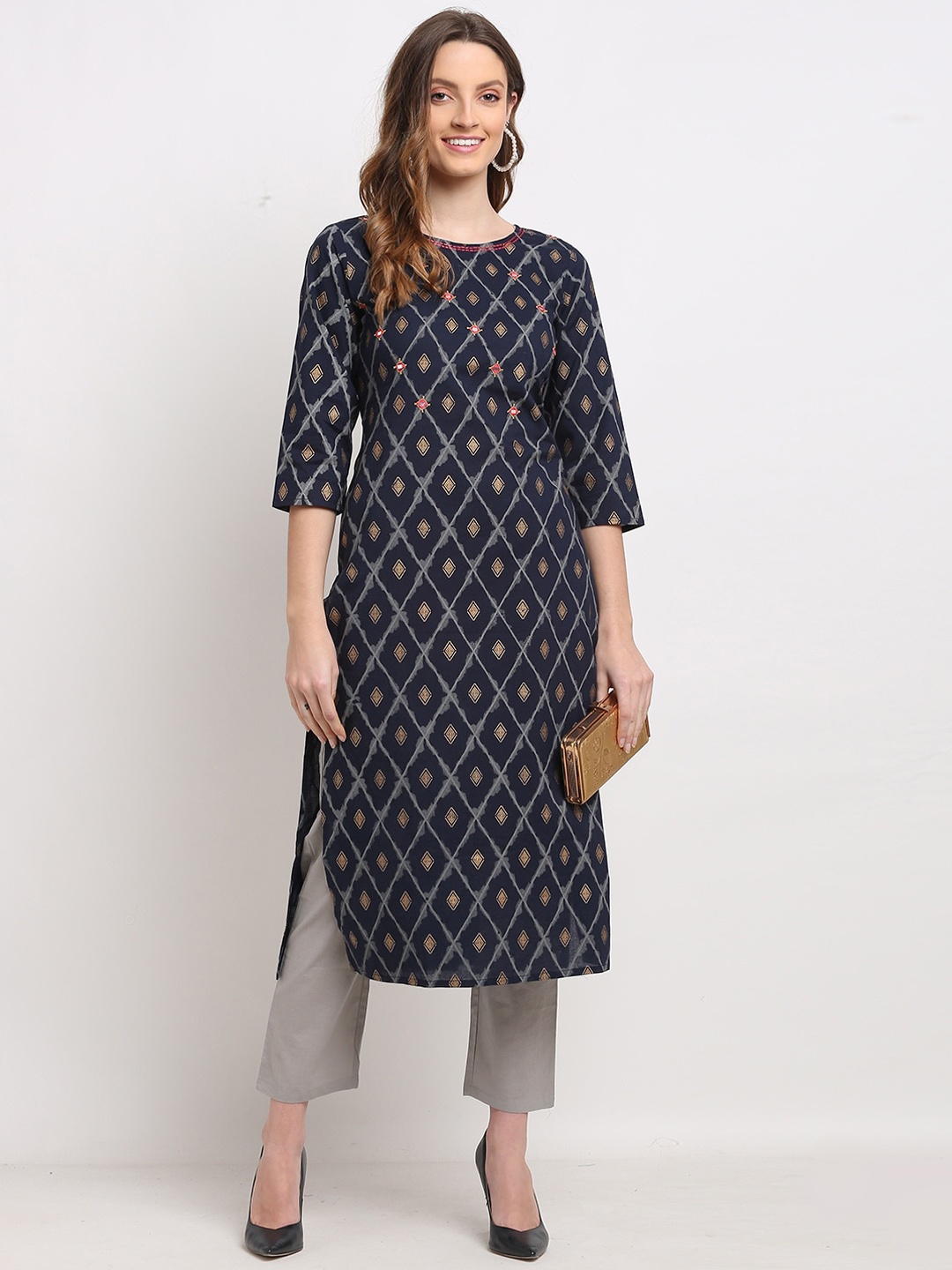 Rajnandini Women Ethnic Motifs Embroidered Mirror Work Pure Cotton Kurta With Trouser, Navy blue
Rajnandini Women Ethnic Motifs Embroidered Mirror Work Pure Cotton Kurta With Trouser, Navy blue