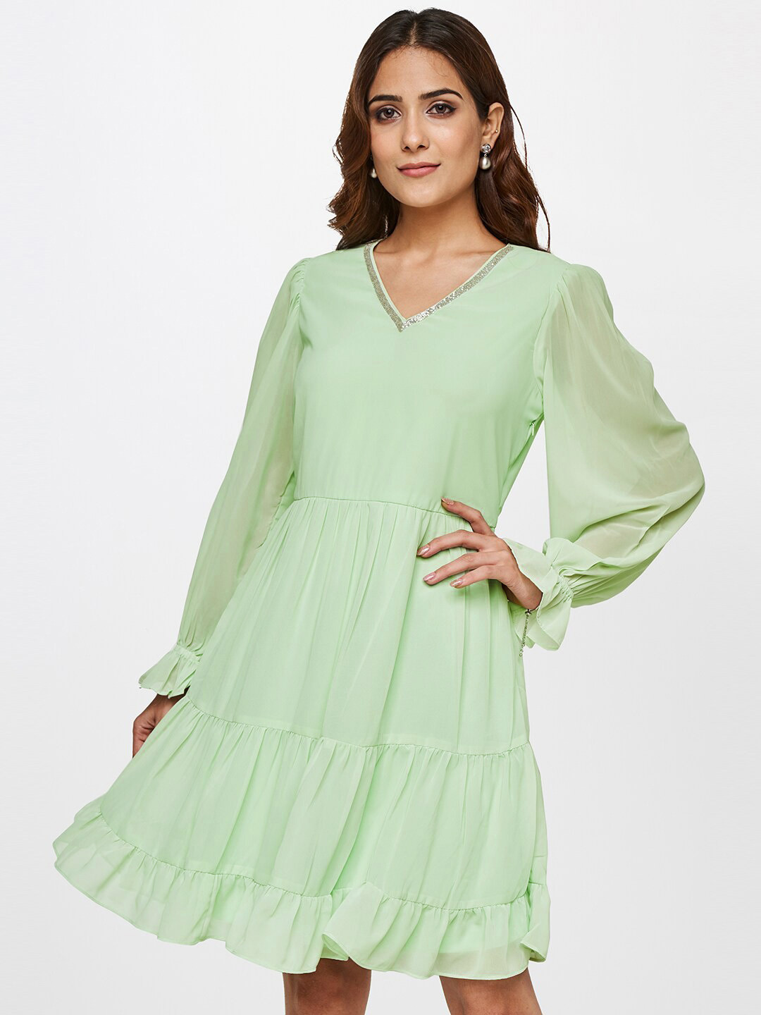AND Puff Sleeved Tiered Dress, Green
AND Puff Sleeved Tiered Dress, Green