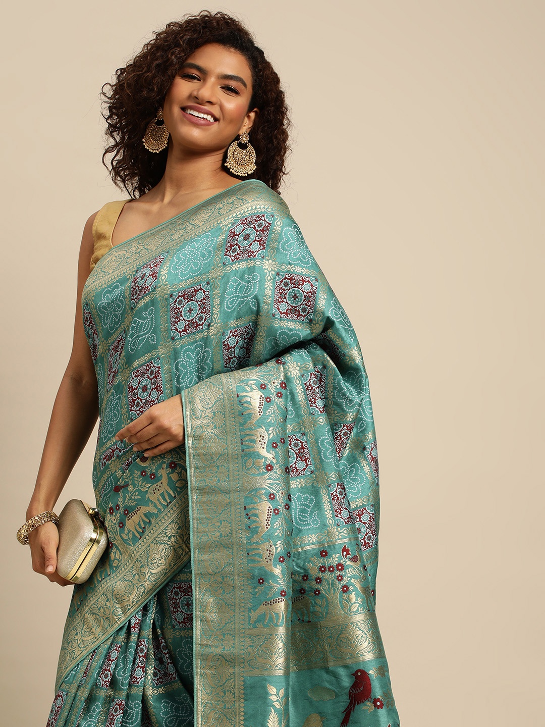APPLIX STYLE Woven Design Ethnic Motifs Zari Pure Silk Banarasi Saree, Teal