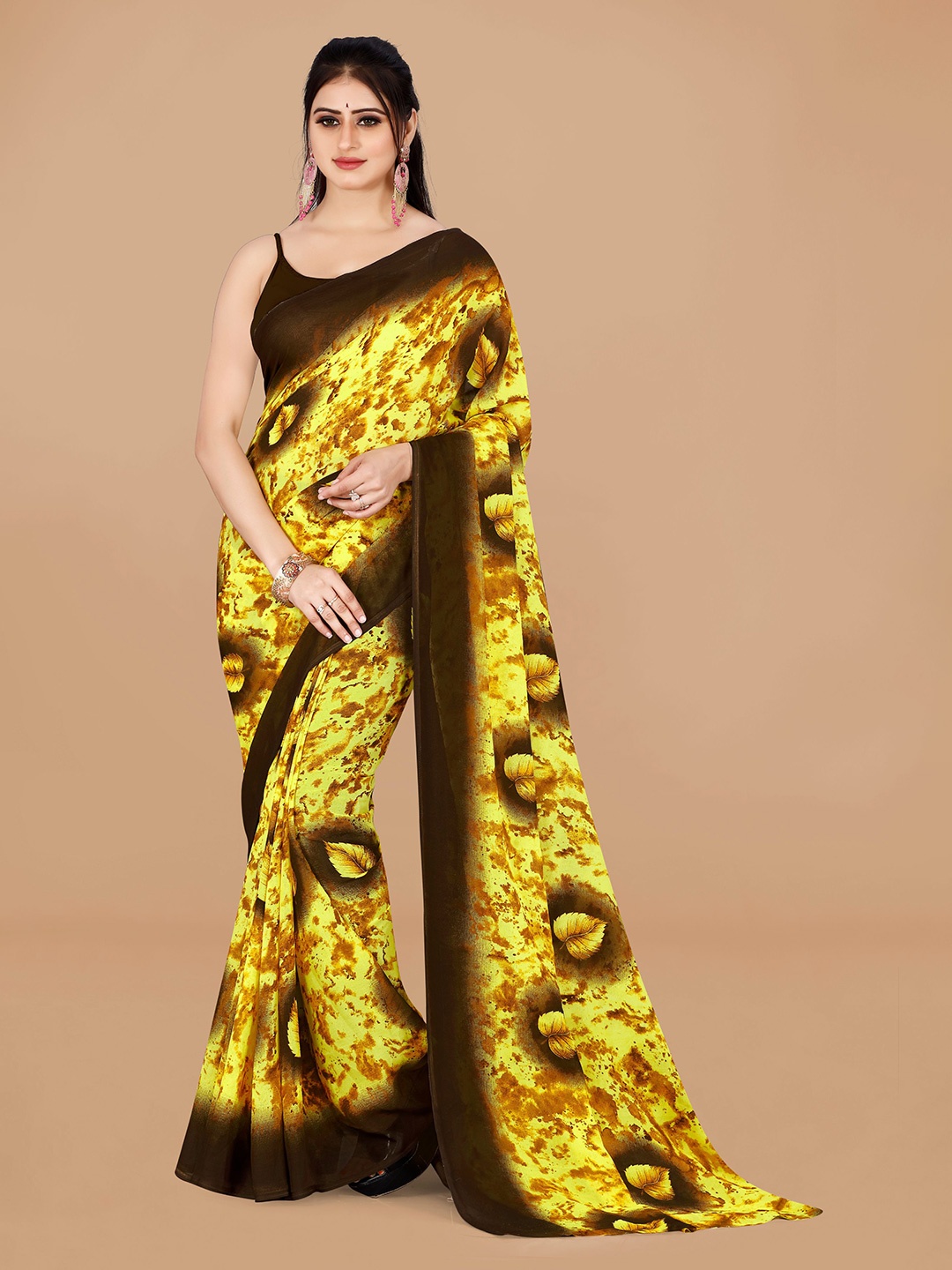 KALINI Printed Pure Georgette Saree, Yellow
