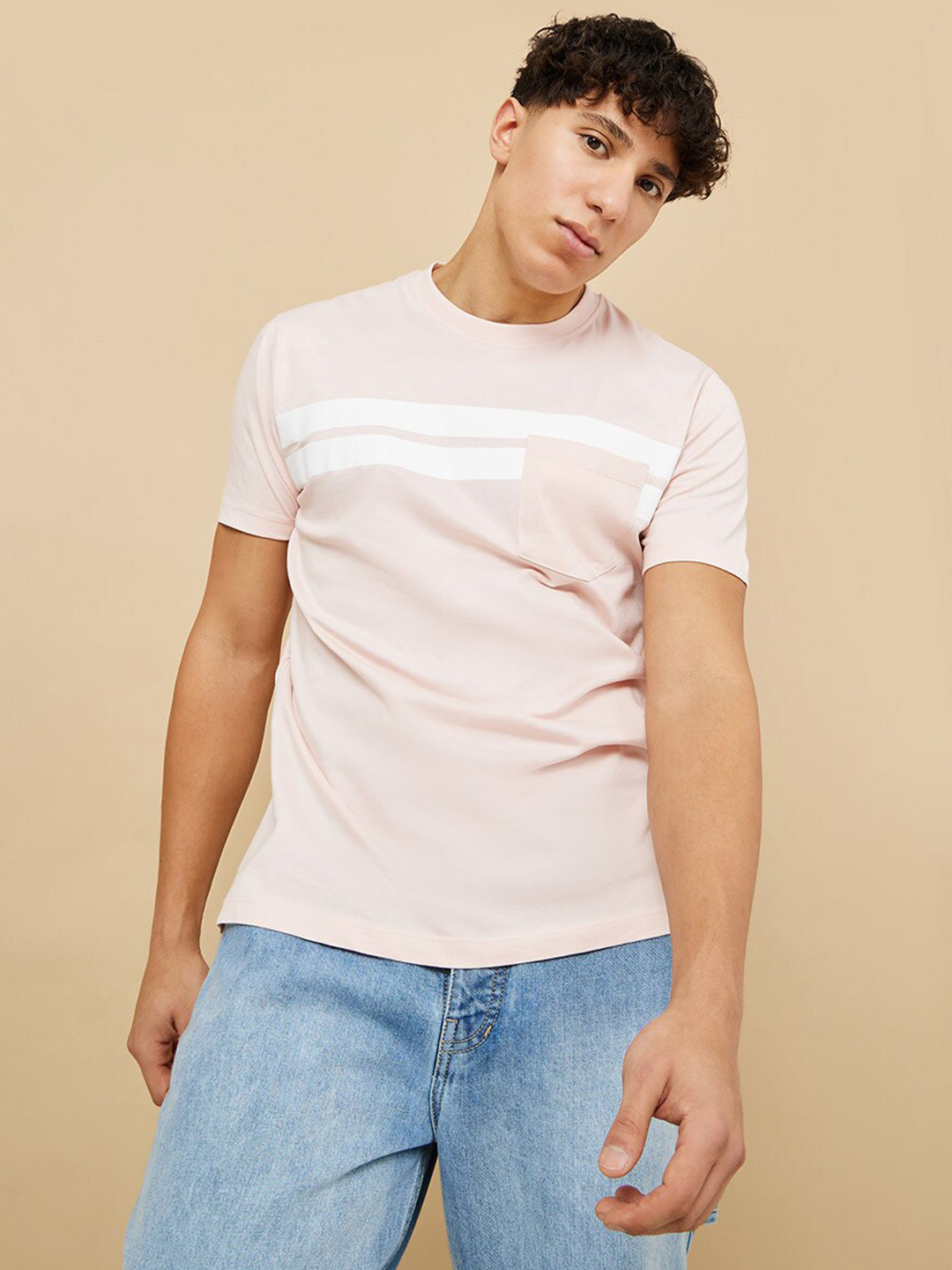 Styli Men Striped Cotton Round Neck T-shirt, Peach 
Styli Men Striped Cotton Round Neck T-shirt, Peach