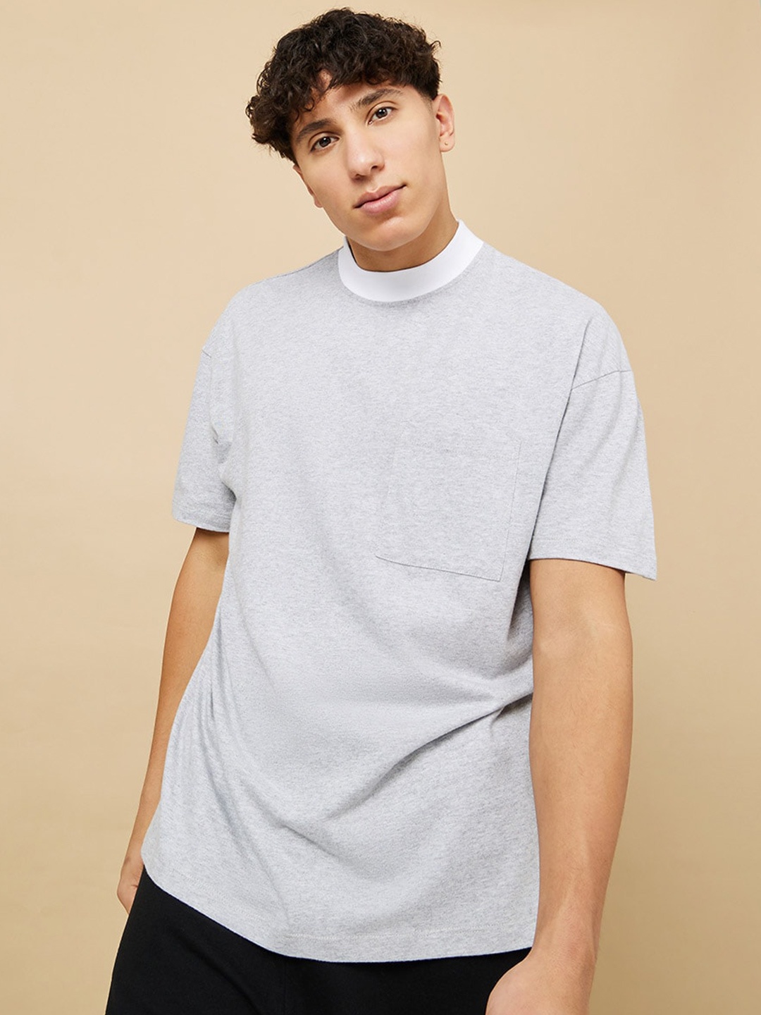 Styli Grey Contrast Neck Oversized T-Shirt With Pocket Detail