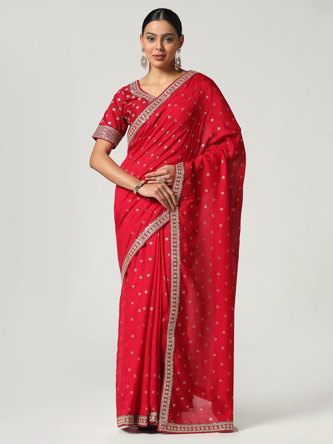 BOMBAY SELECTIONS Ethnic Motifs Printed Embellished Bordered Saree, Red