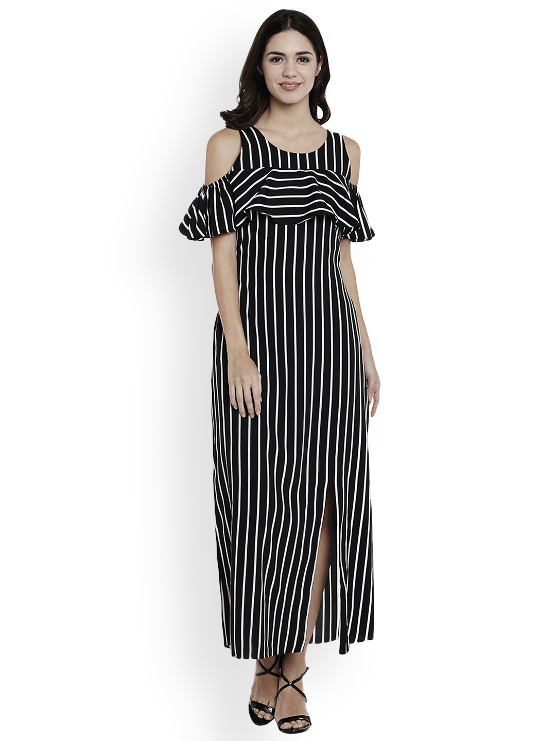 Athena Women Black Striped A-Line Dress