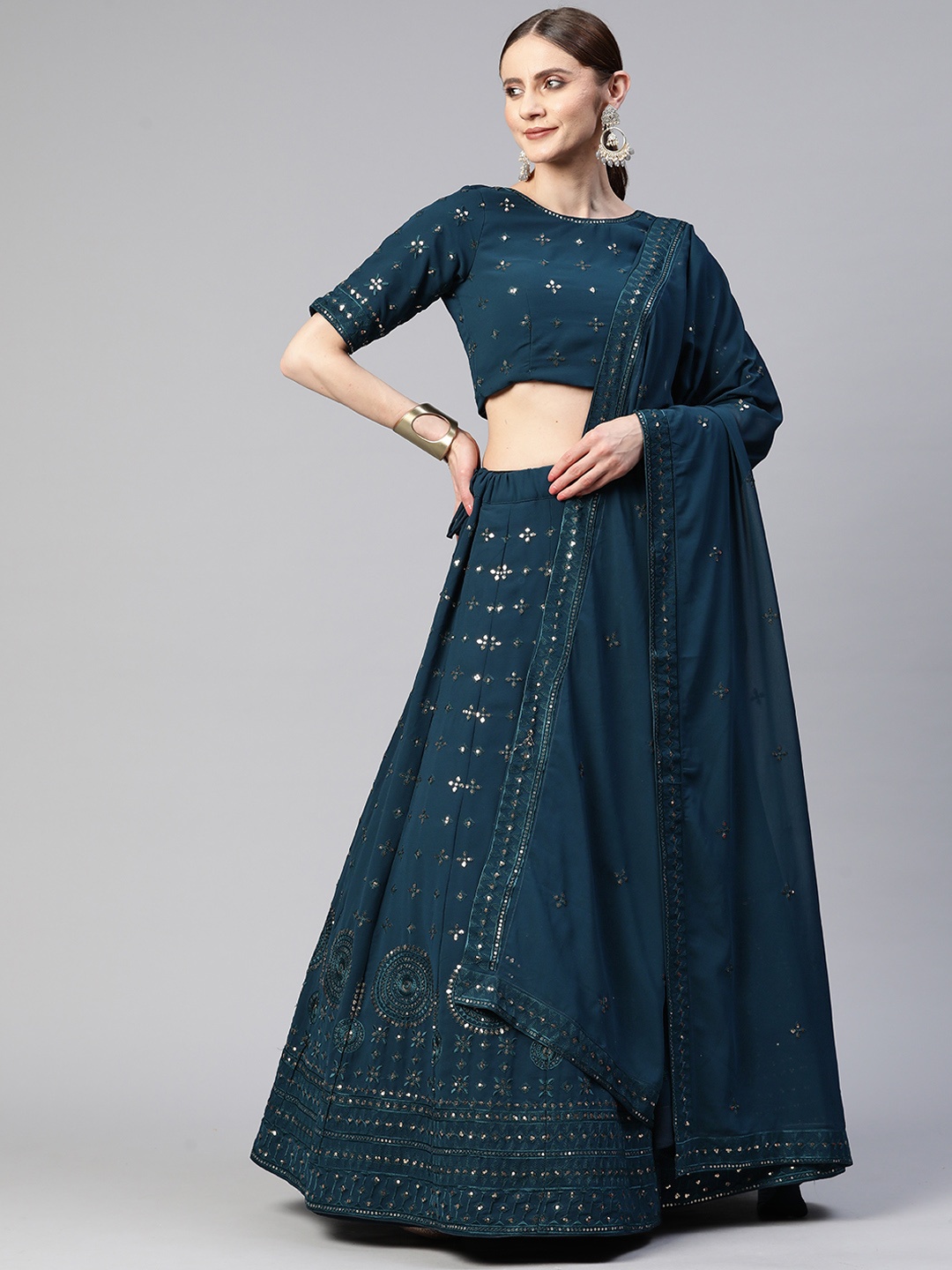 SHUBHVASTRA Embellished Sequinned Semi-Stitched Lehenga & Unstitched Blouse With Dupatta, Teal
SHUBHVASTRA Embellished Sequinned Semi-Stitched Lehenga & Unstitched Blouse With Dupatta, Teal