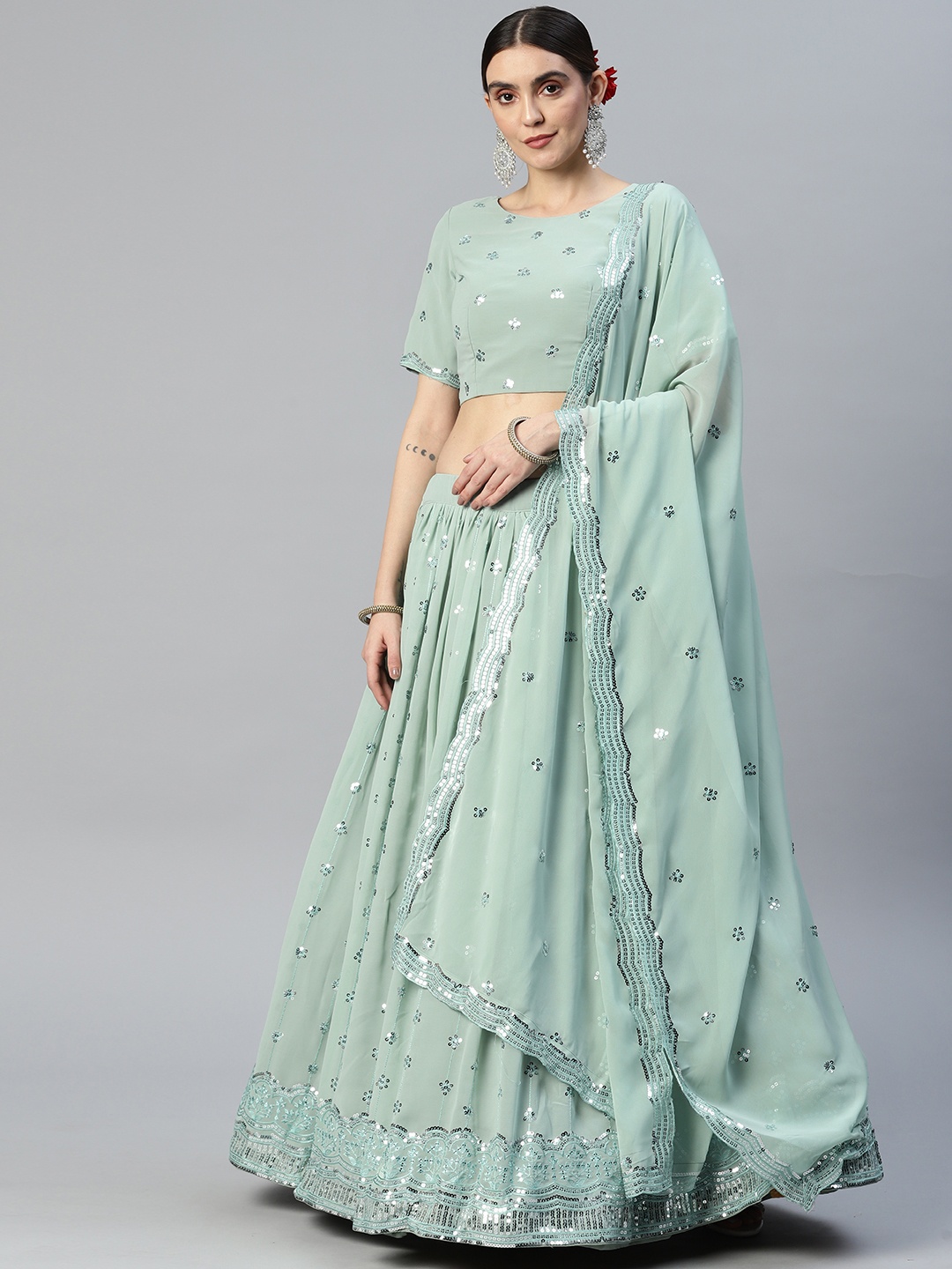 SHUBHVASTRA Embellished Sequinned Semi-Stitched Lehenga & Unstitched Blouse With Dupatta, Green
SHUBHVASTRA Embellished Sequinned Semi-Stitched Lehenga & Unstitched Blouse With Dupatta, Green