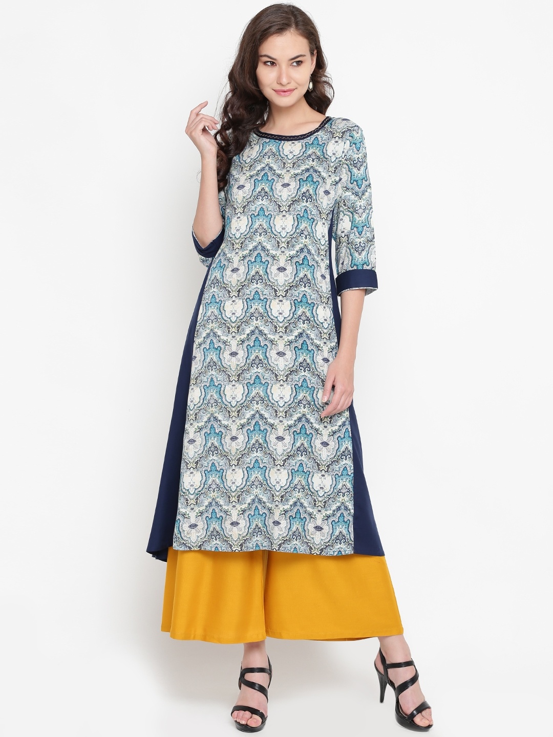 Shree Women Green & Navy Blue Printed A-Line Kurta
