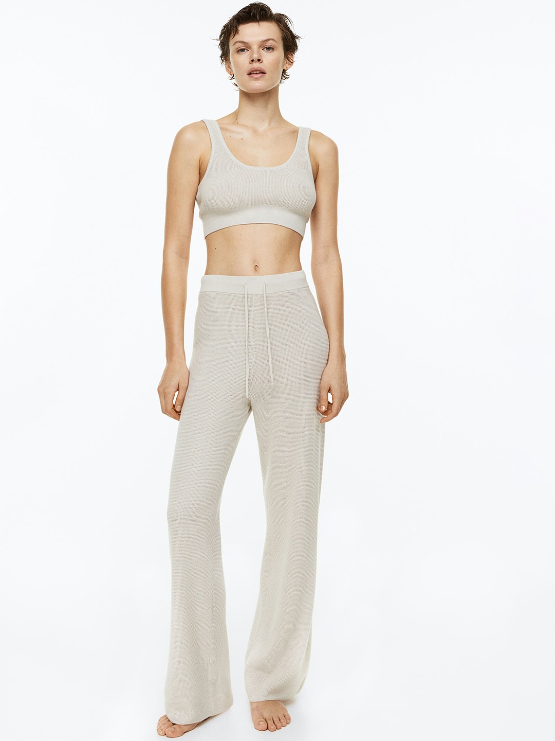 H&M Women Waffle-knit Wide Trousers, Beige