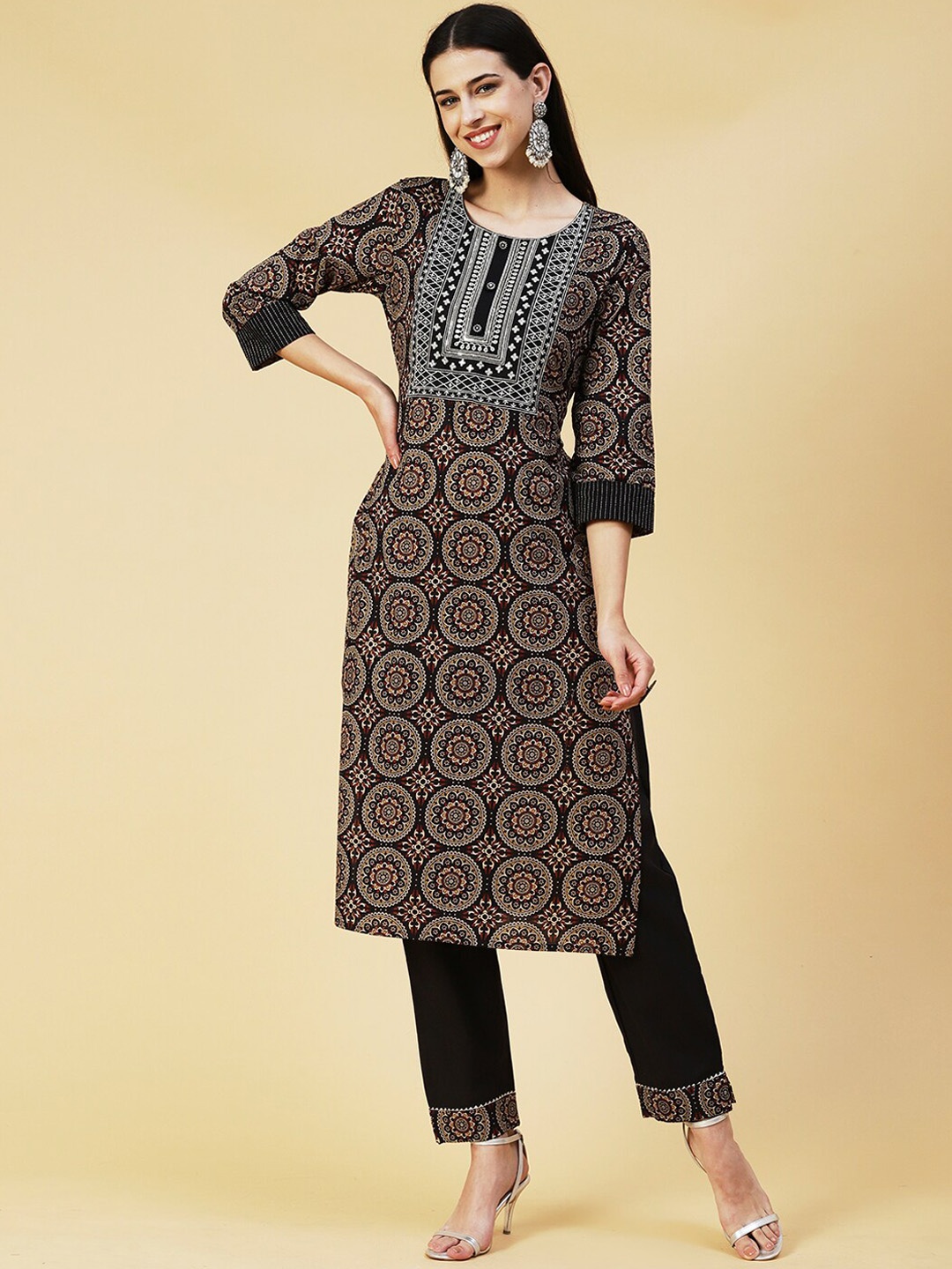 FASHOR Women Ethnic Motifs Printed Mirror Work Pure Cotton Kurta with Trousers, Black
FASHOR Women Ethnic Motifs Printed Mirror Work Pure Cotton Kurta with Trousers, Black