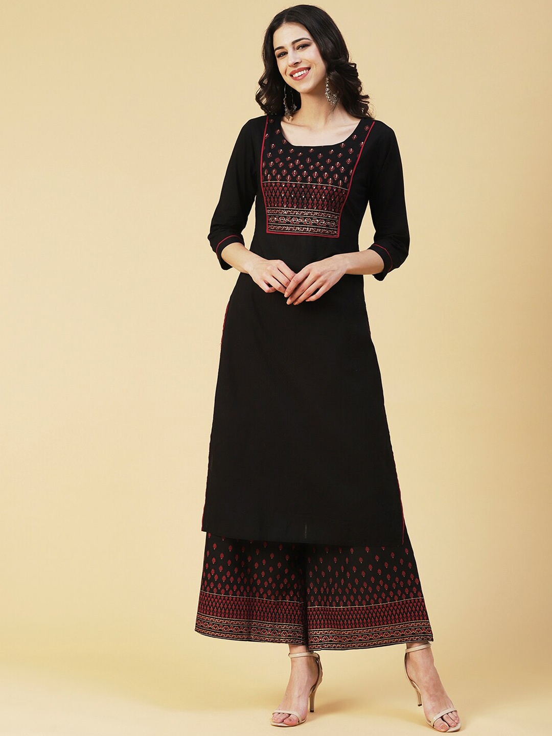 FASHOR Women Ethnic Motifs Embroidered Beads and Stones Pure Cotton Kurta with Palazzos, Black
FASHOR Women Ethnic Motifs Embroidered Beads and Stones Pure Cotton Kurta with Palazzos, Black