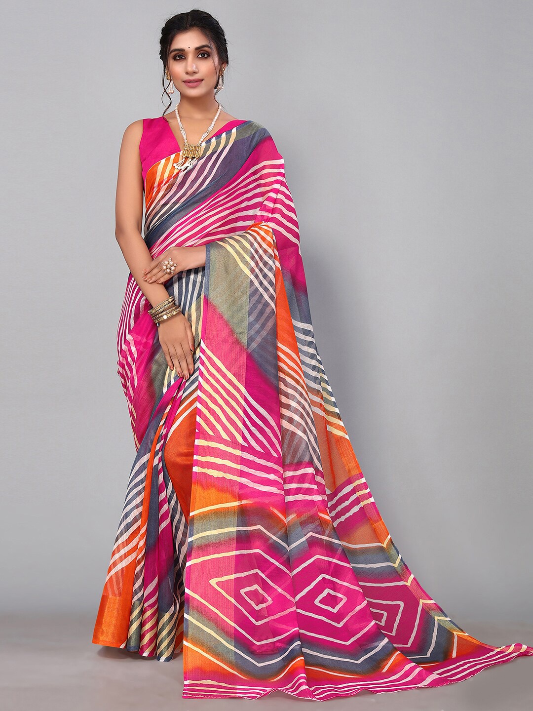 KALINI Leheriya Printed Zari Saree, Pink
